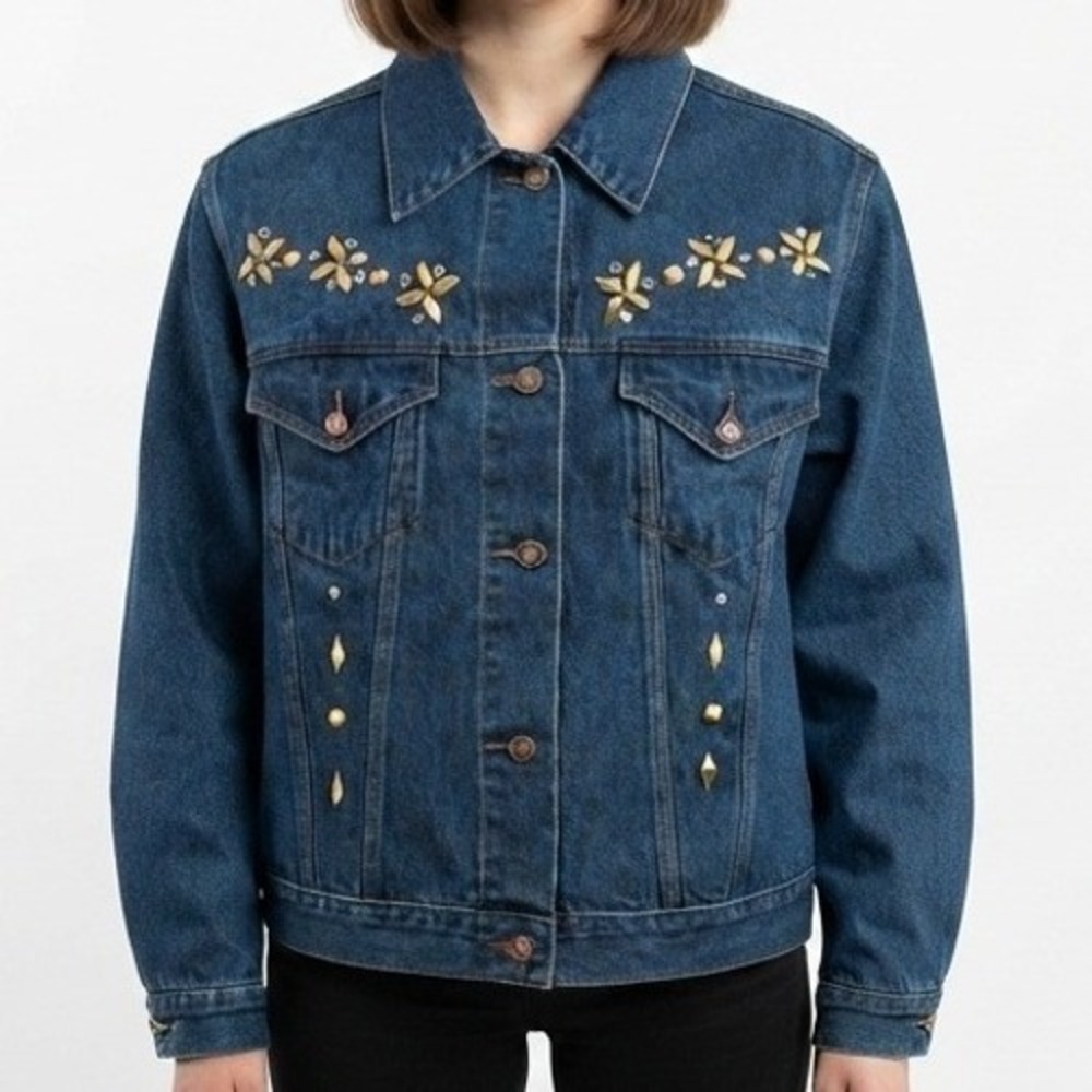 Boom-Boom Denim Jacket Womens Blue Studded Rhinestone Western Boho Jean Jacket